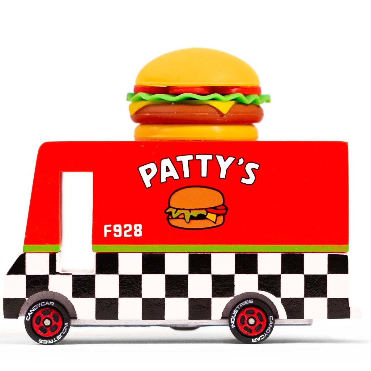 A toy food truck with a burger on top and the word “Patty’s”