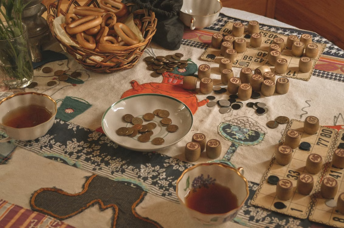 Bingo game and snacks on a table