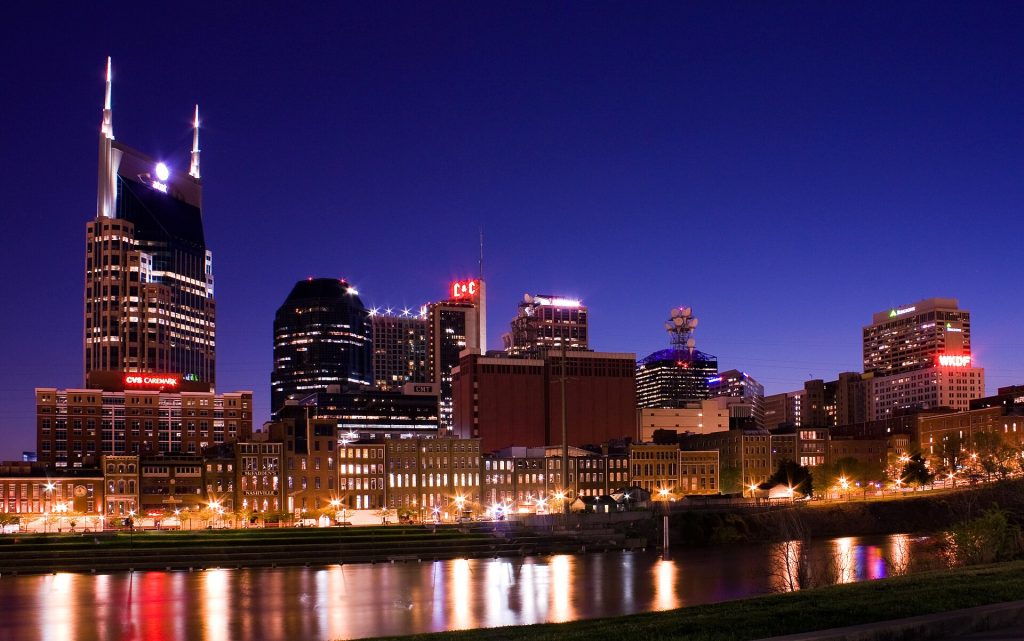 The Nashville skyline seen across the Cumberland River