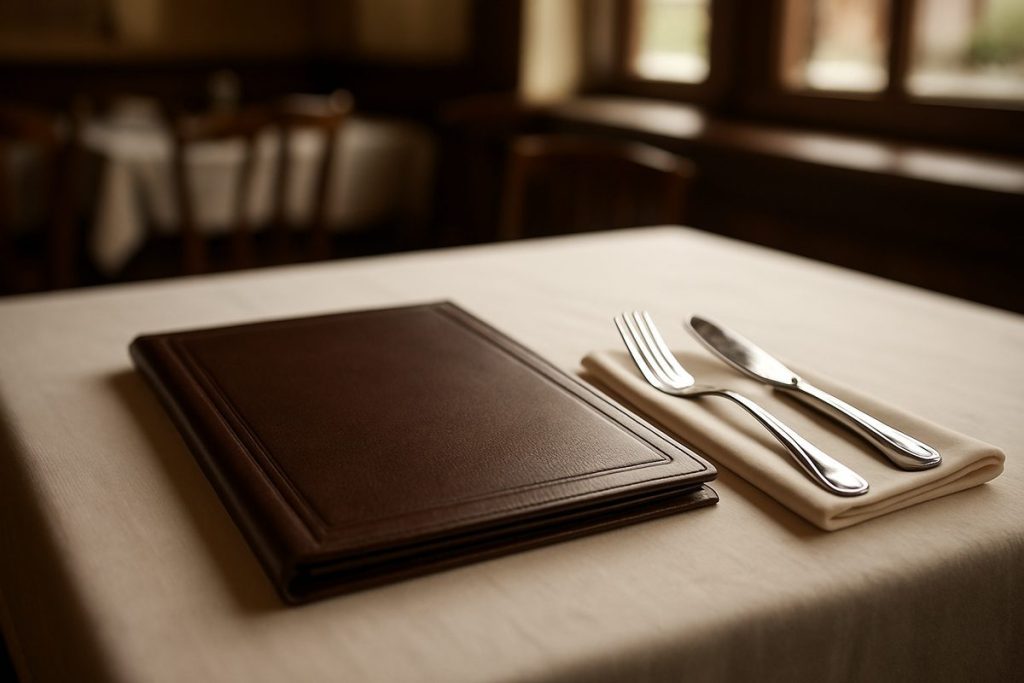 Closed brown leather menu cover on a set white linen restaurant table